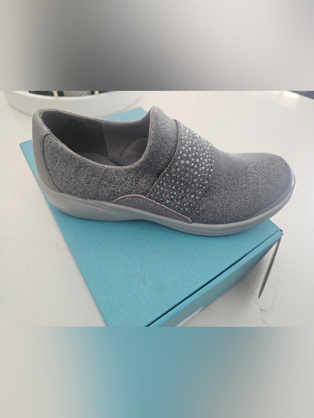 Women's Grey Slip-On Knit Walking Shoe with Rhinestone Detail